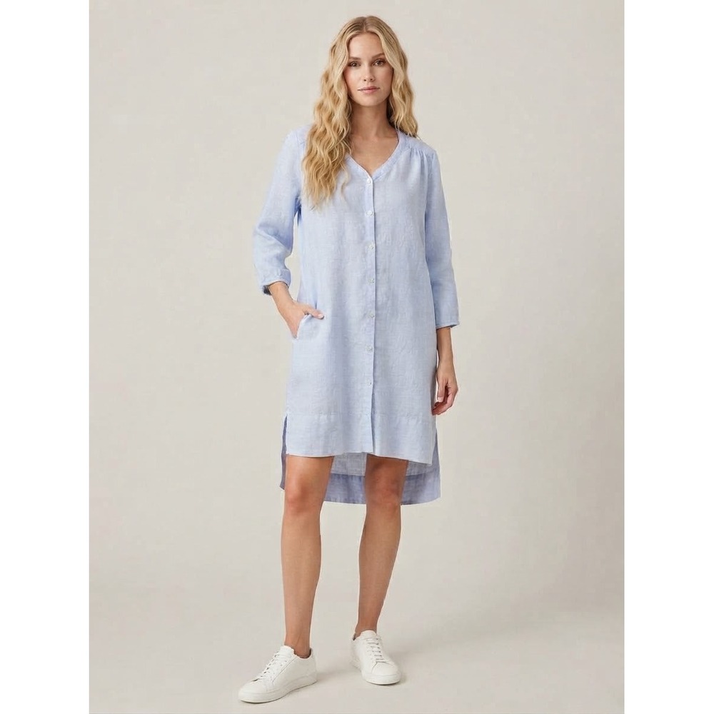 Poetry 100% linen button up shirtdress Size 14 baby blue lagenlook boho layering